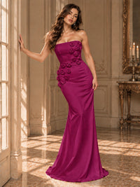 White Strapless Mermaid Maxi Dress with 3D Floral Appliques