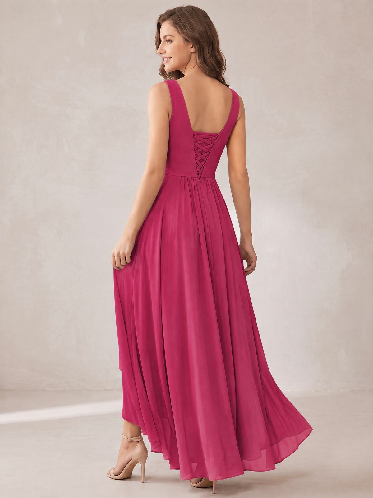 V-Neck High-Low Chiffon Bridesmaid Dress with Ruffles