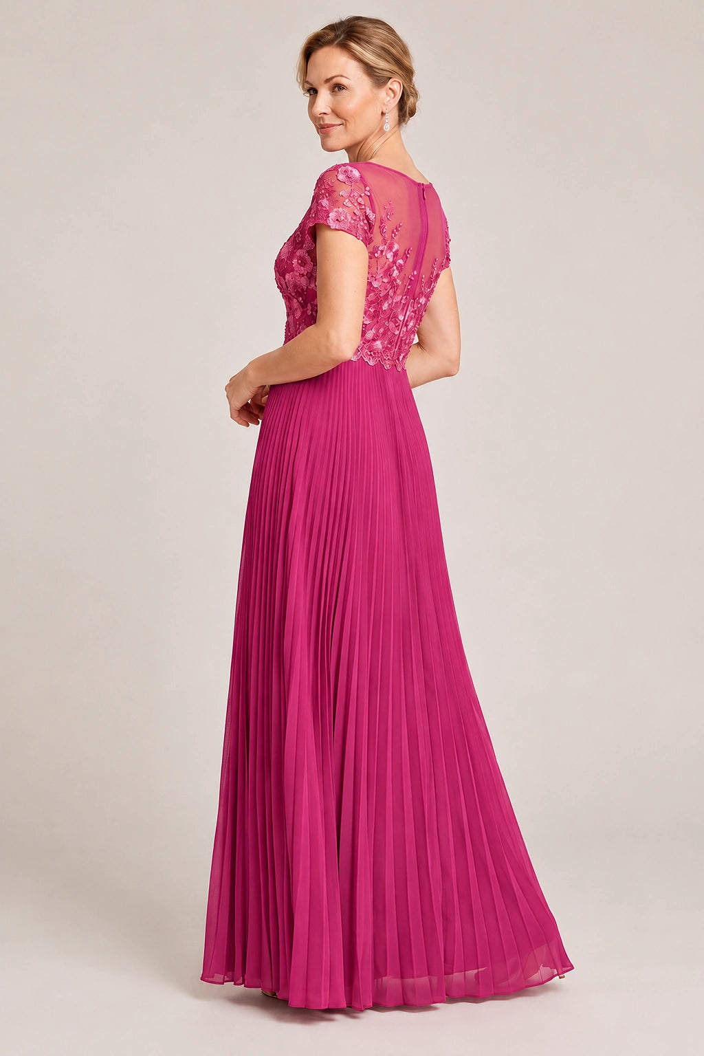 Embroidered Lace Pleated Mother of the Bride Dress