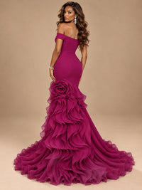 Dusty Blue Off-the-Shoulder Mermaid Prom Dress with 3D Rose & Ruffles