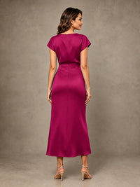 Cowl Neck Satin Mother of the Bride Dress with Ruched Waist
