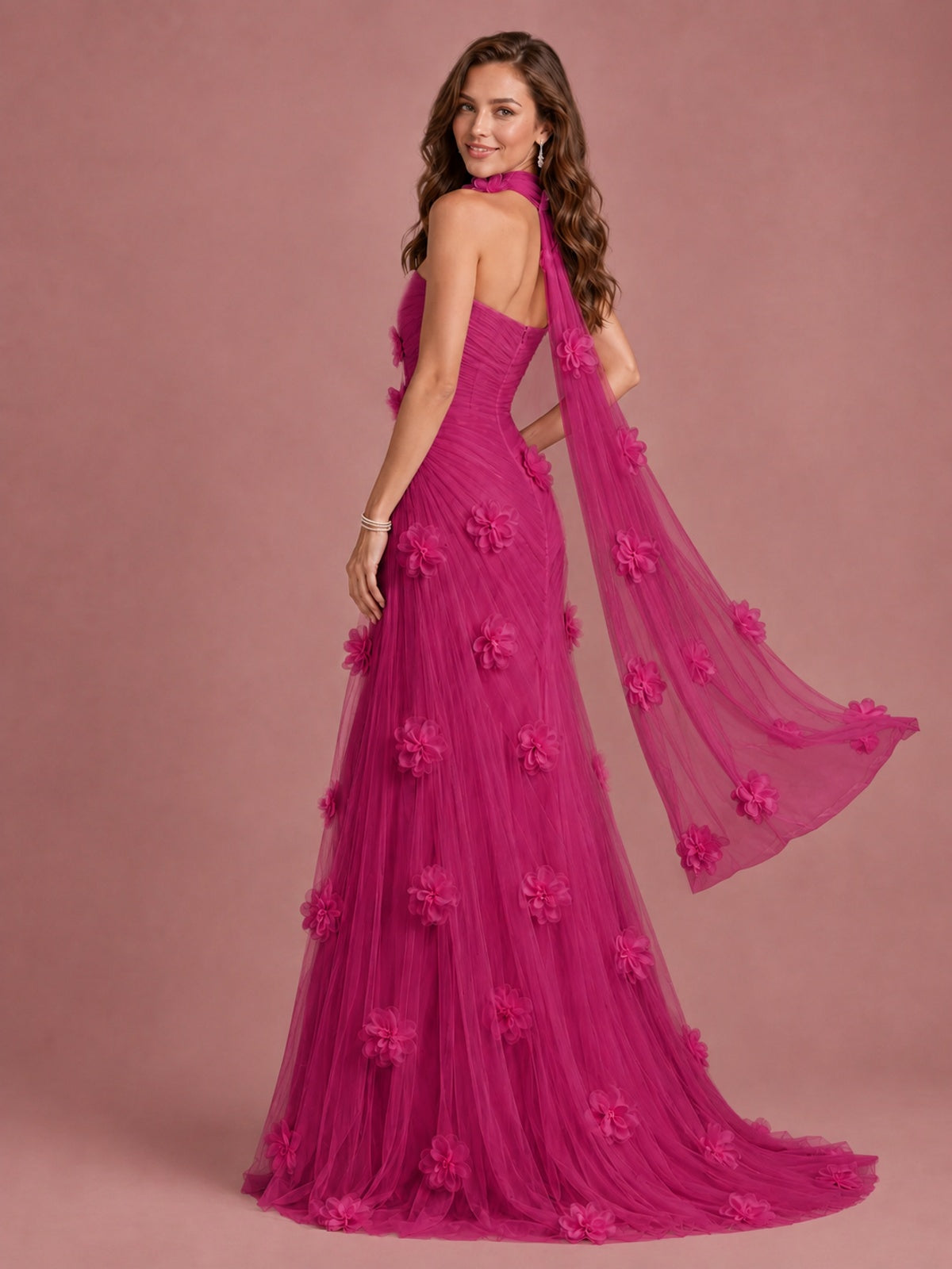 Blush Pink Strapless Sweetheart 3D Floral Tulle Mermaid Prom Dress