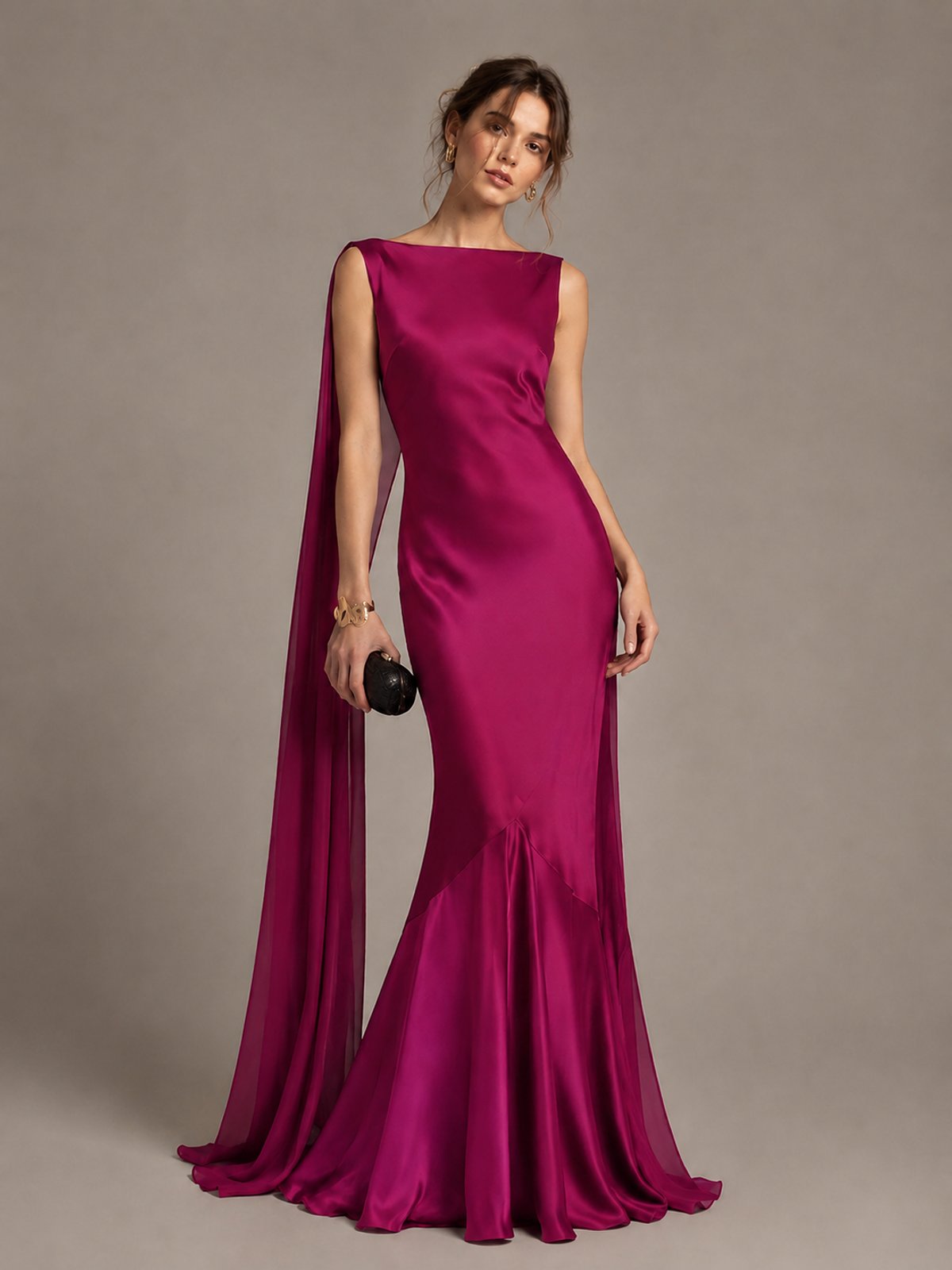 Burgundy Satin Mermaid Cape Maxi Dress