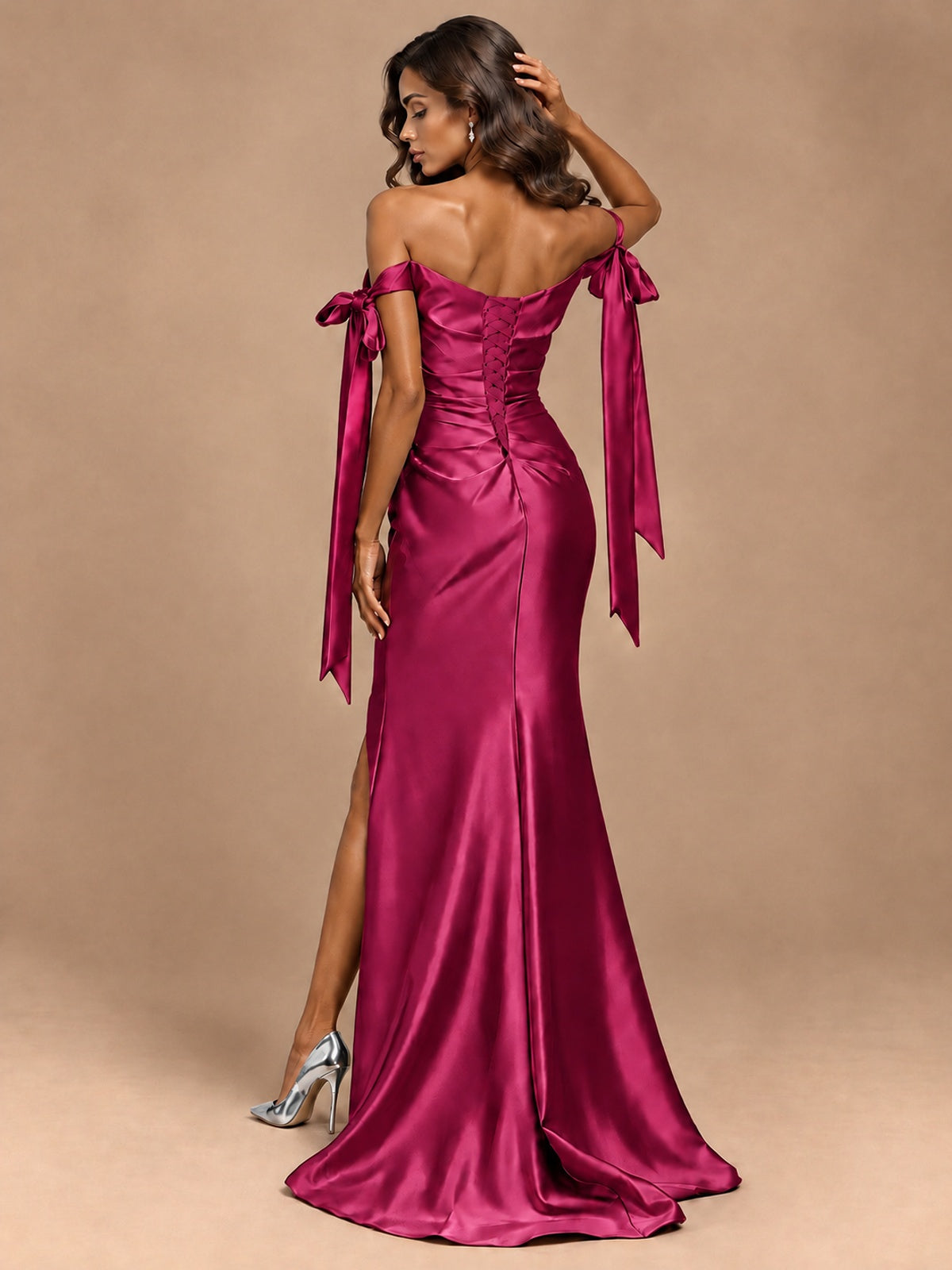 Off The Shuolder Satin Prom Dress Slit Mermaid Formal Gowns
