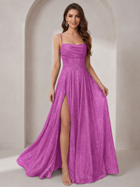 Sparkly Cowl Neck Corset Long Prom Dress with Slit A-line Tulle Ball Gown