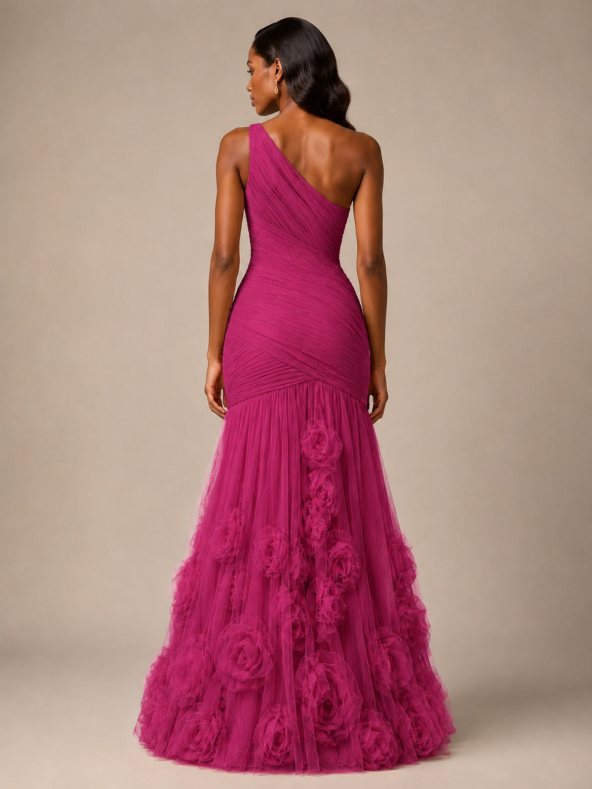 Blush Pink One Shoulder 3D Floral Mermaid Prom Dress
