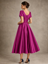 V-Neck Tea-Length Satin Mother of the Bride Dress with Bow