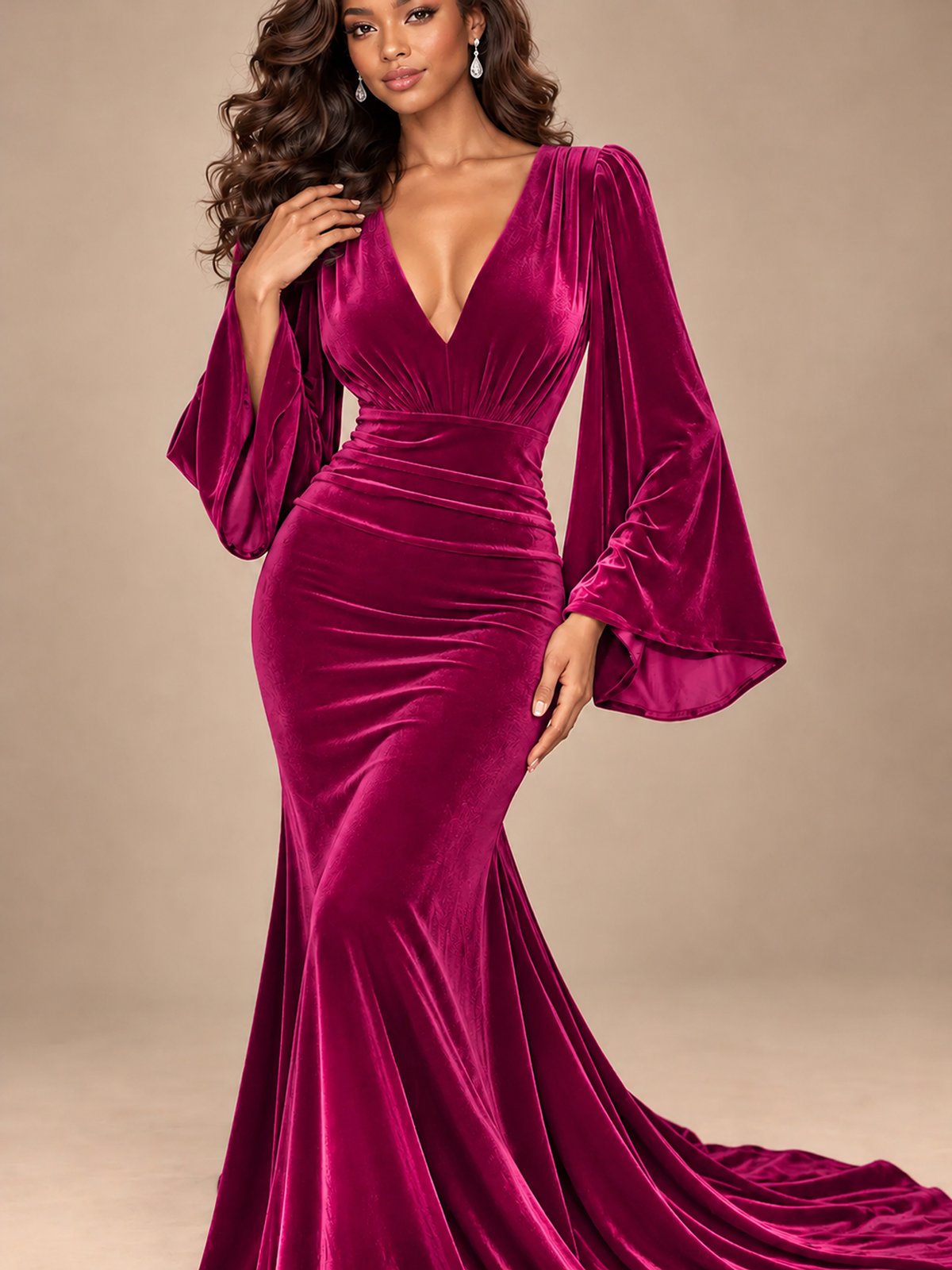 Burgundy Velvet Deep V-Neck Ruched Long Sleeve Maxi Dress