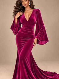 Burgundy Velvet Deep V-Neck Ruched Long Sleeve Maxi Dress