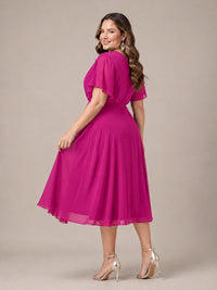 Navy Blue A-Line V-Neck Tea-Length Mother of the Bride Dress