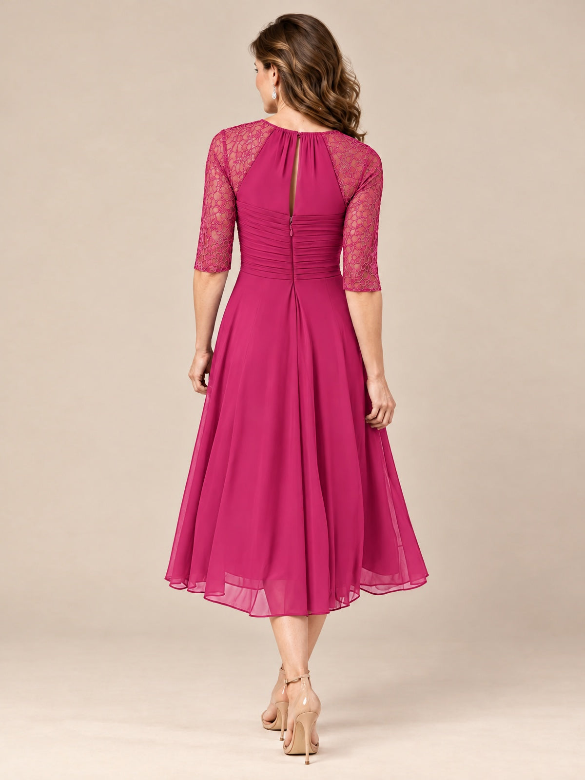 Tea-Length Mother of the Bride Dress with Lace 3/4 Sleeves