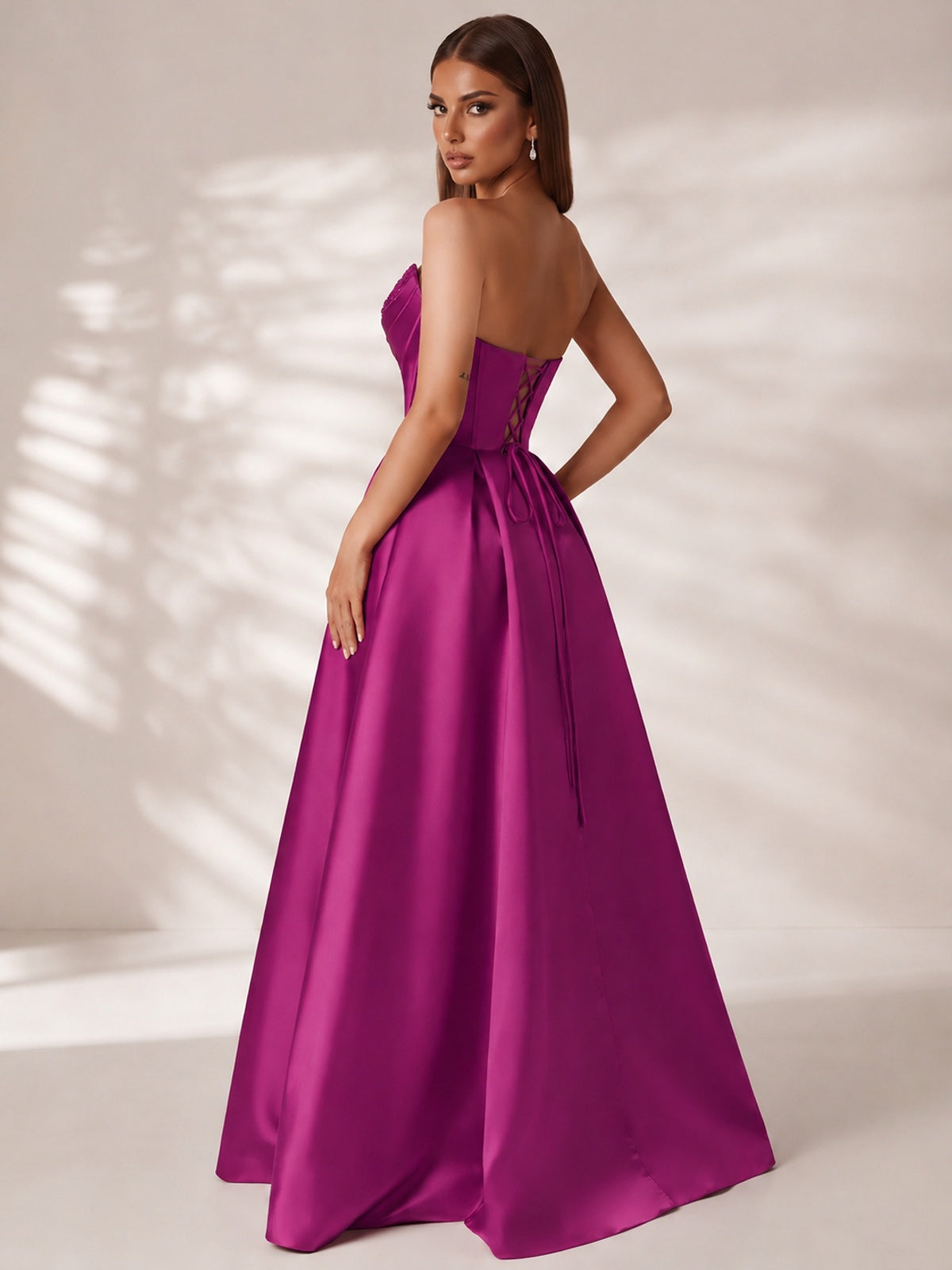 Strapless Corset Satin Prom Dress Long Evening Gown with High Slit