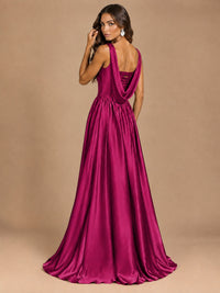 Cowl Neck Pleated Satin Prom Dress with Pockets & Slit Maxi Formal Gowns