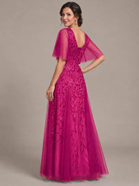 V-Neck Sequin Tulle Mother of the Bride Dress with Flutter Sleeve