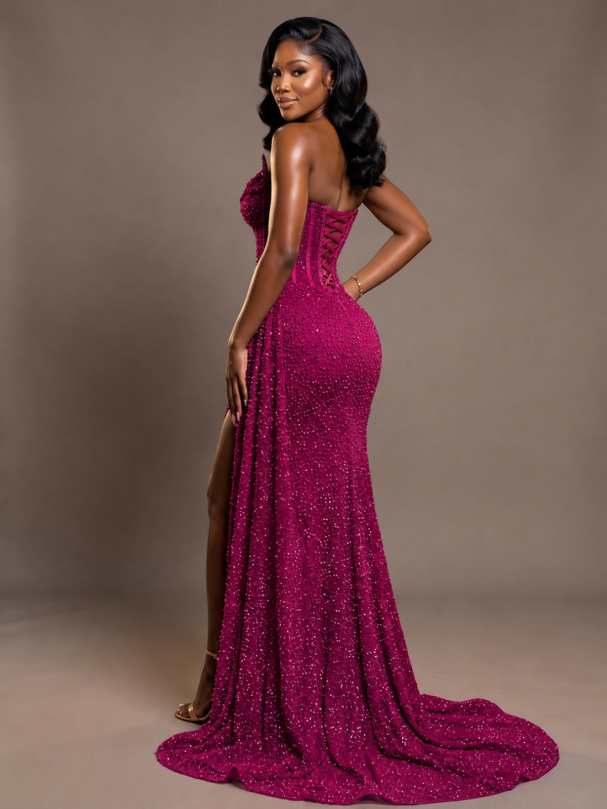 Luxury Strapless Sequin Corset Mermaid Prom Dress with High Slit & Train