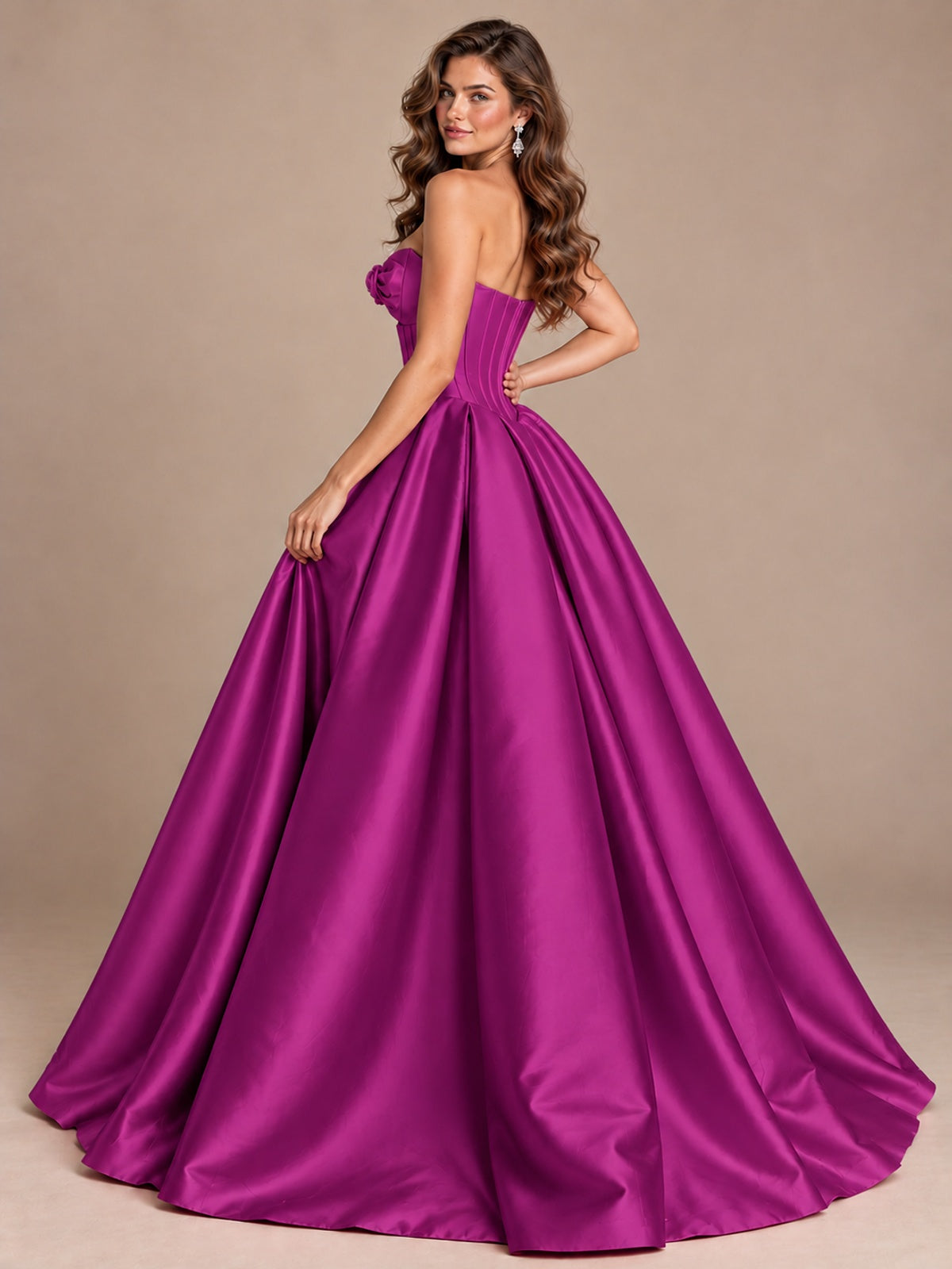 Pink Strapless Corset Satin Prom Derss & Ball Gown with 3D Floral