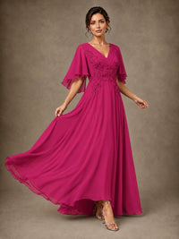 V-Neck Chiffon Lace Mother of the Bride Dress with Flutter Sleeves