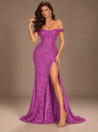 Off the Shoulder Corset Sequin Mermaid Prom Dress with Slit