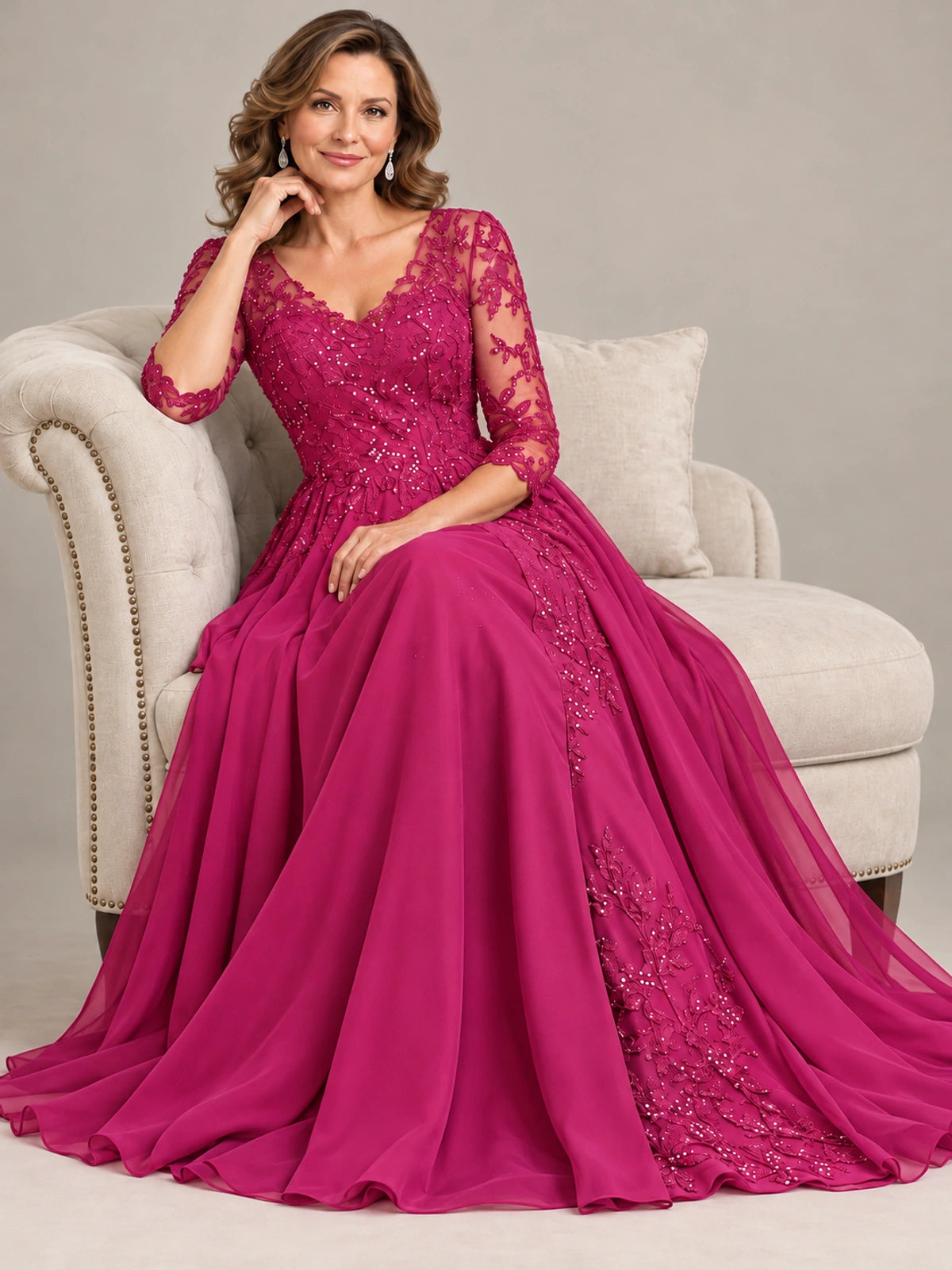 Sequin Lace A-Line Mother of the Bride Dress with 3/4 Sleeves
