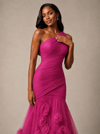 Blush Pink One Shoulder 3D Floral Mermaid Prom Dress