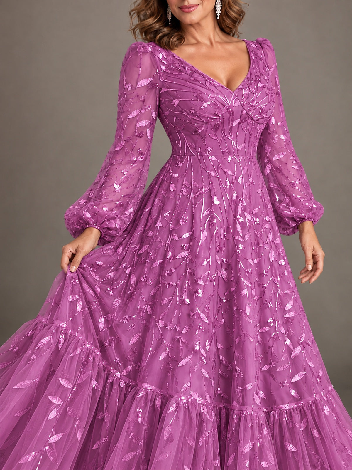 Floral Sequin Embroidered A-Line Mother of the Bride Dress with Long Sleeves