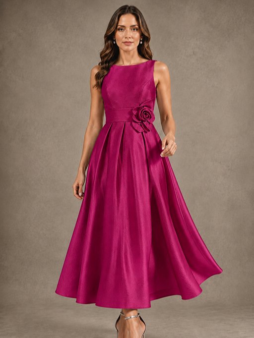 Tea-Length Satin Mother of the Bride Dress with 3D Flower Detail