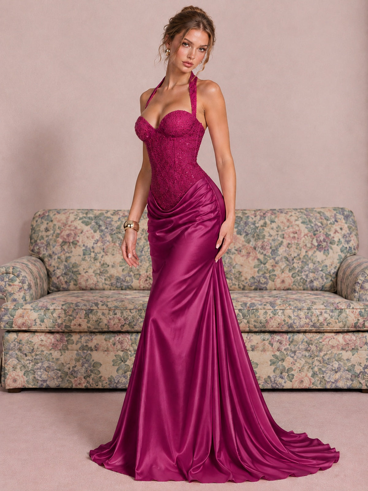 Sparkling Halter Corset Satin Mermaid Prom Dress