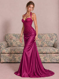 Sparkling Halter Corset Satin Mermaid Prom Dress