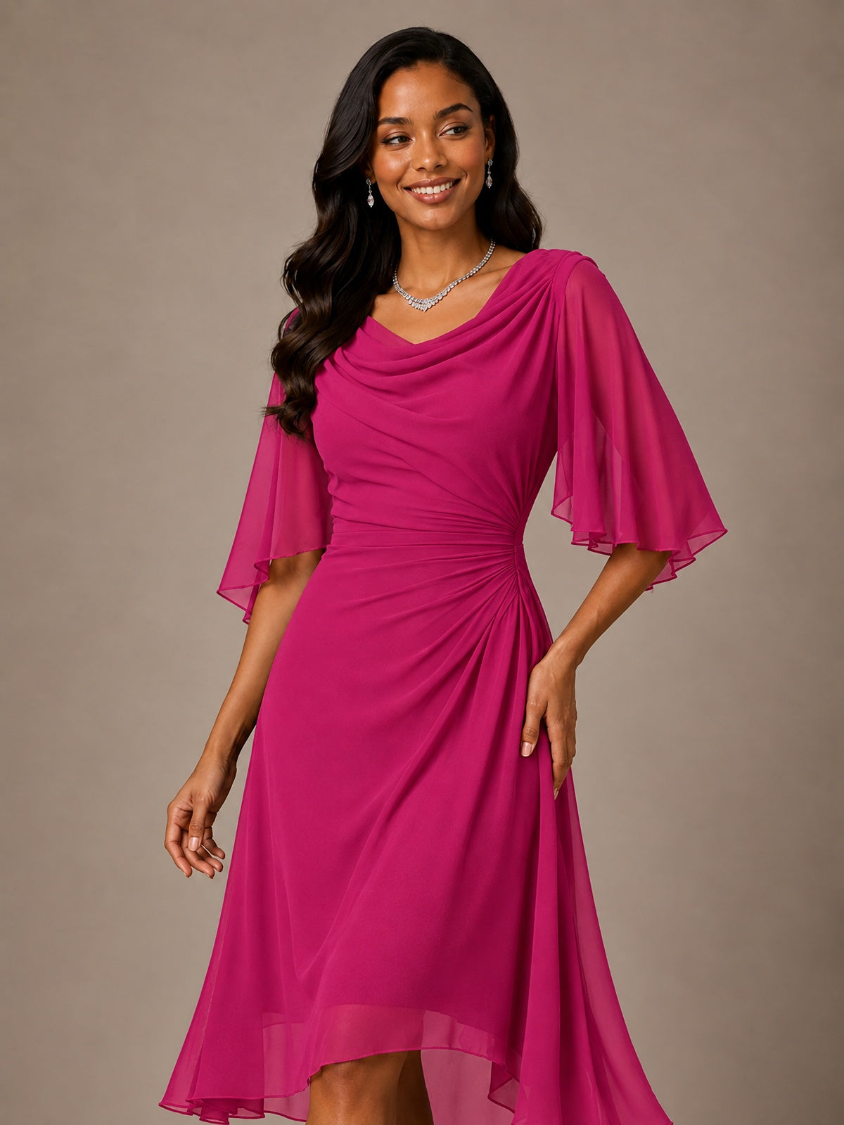 Cowl Neck Ruched Chiffon Mother of the Bride Dresses with Flutter Sleeves