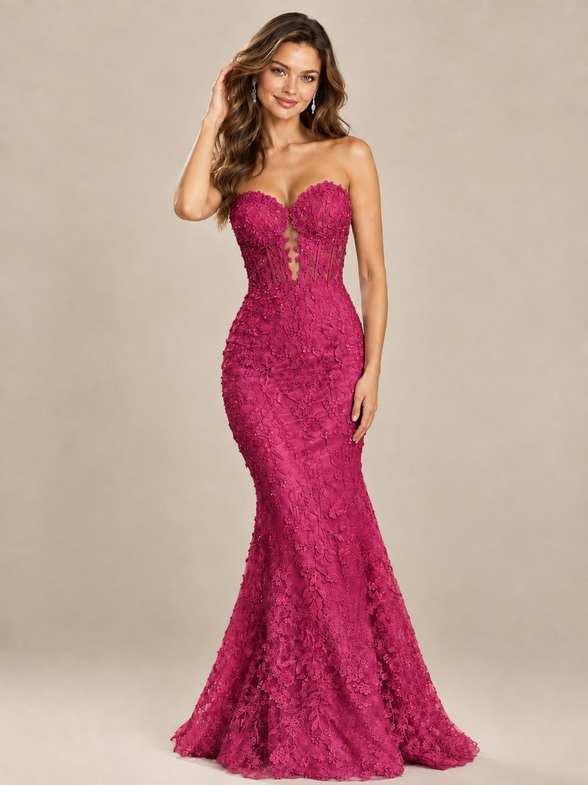 Strapless Corset Mermaid Prom Dress with Floral Lace Appliqué