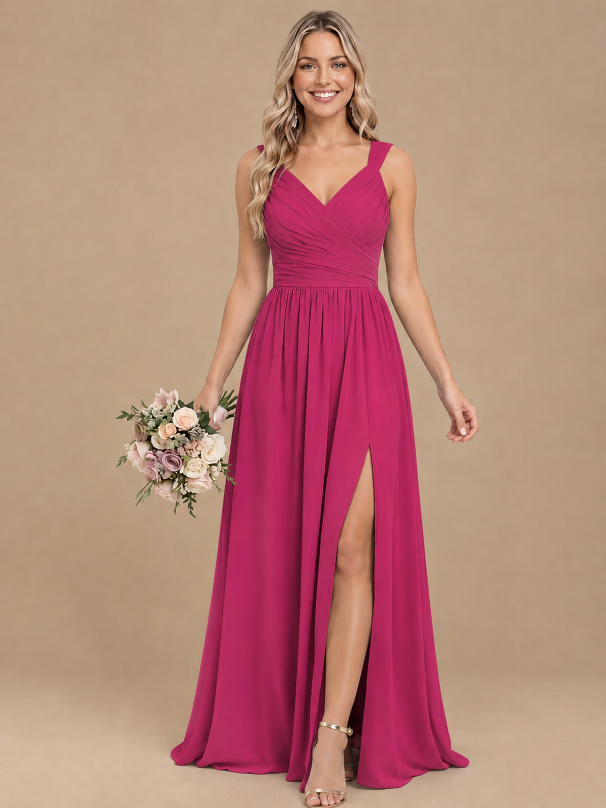 Pleated Chiffon V Neck Wedding Bridesmaid Dresses Floor Length with Slit