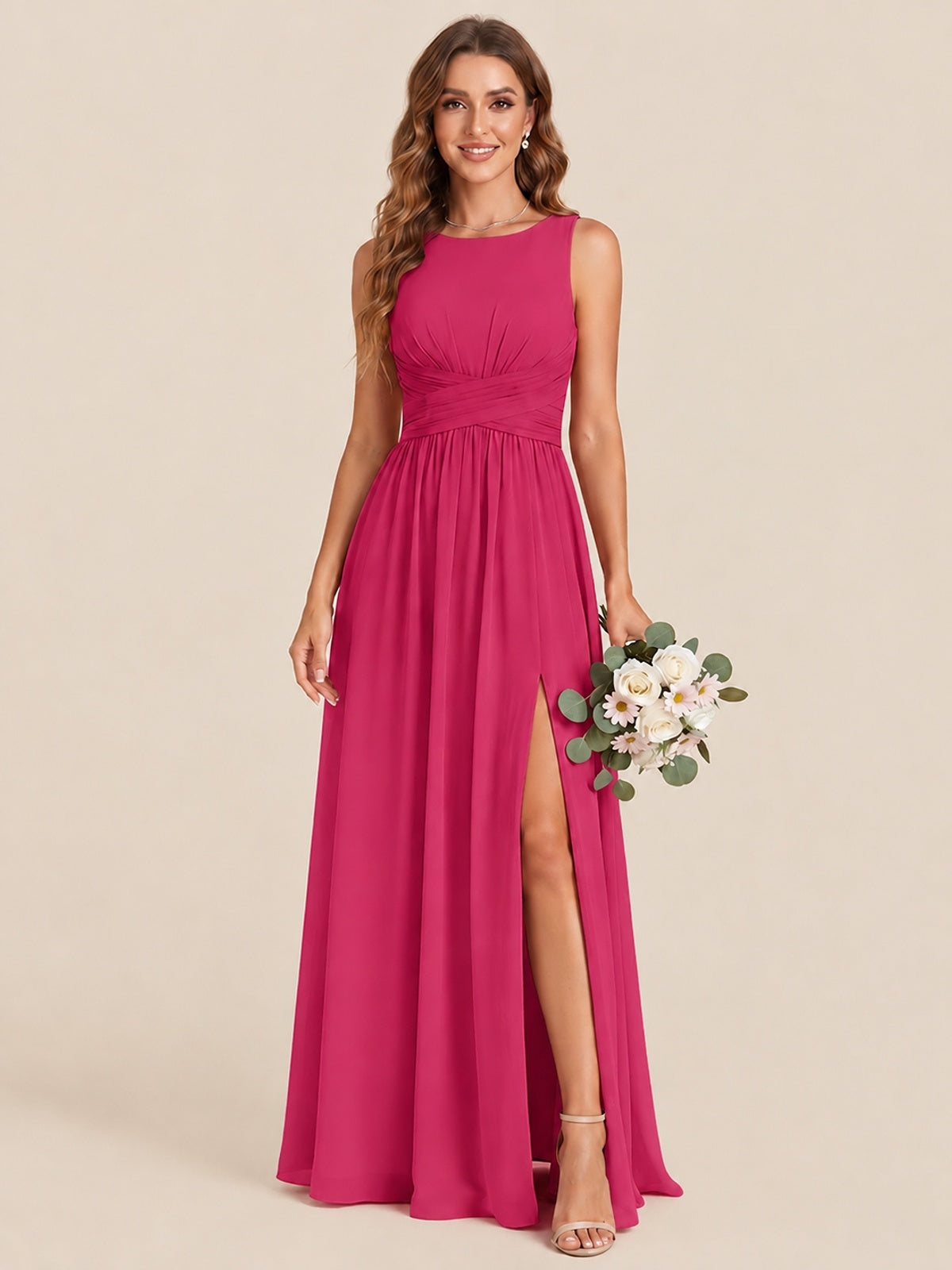 A-line Sleeveless Rucehd Chiffon Bridesmaid Dress with High Slit
