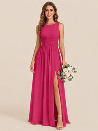 A-line Sleeveless Rucehd Chiffon Bridesmaid Dress with High Slit