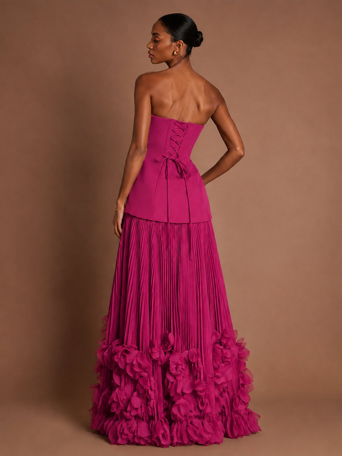 Strapless Pleated Floral Satin Formal Dress with Side Slit