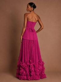 Strapless Pleated Floral Satin Formal Dress with Side Slit