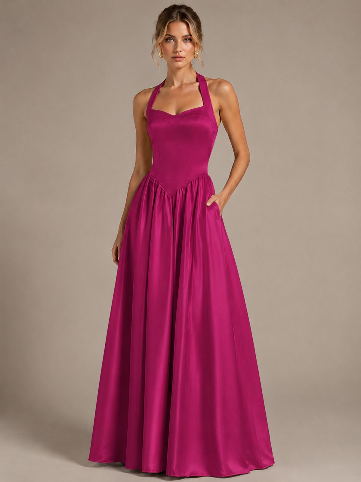 Light Yellow Halter Neck Satin A-Line Maxi Dress with Pockets