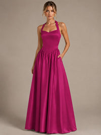 Light Yellow Halter Neck Satin A-Line Maxi Dress with Pockets