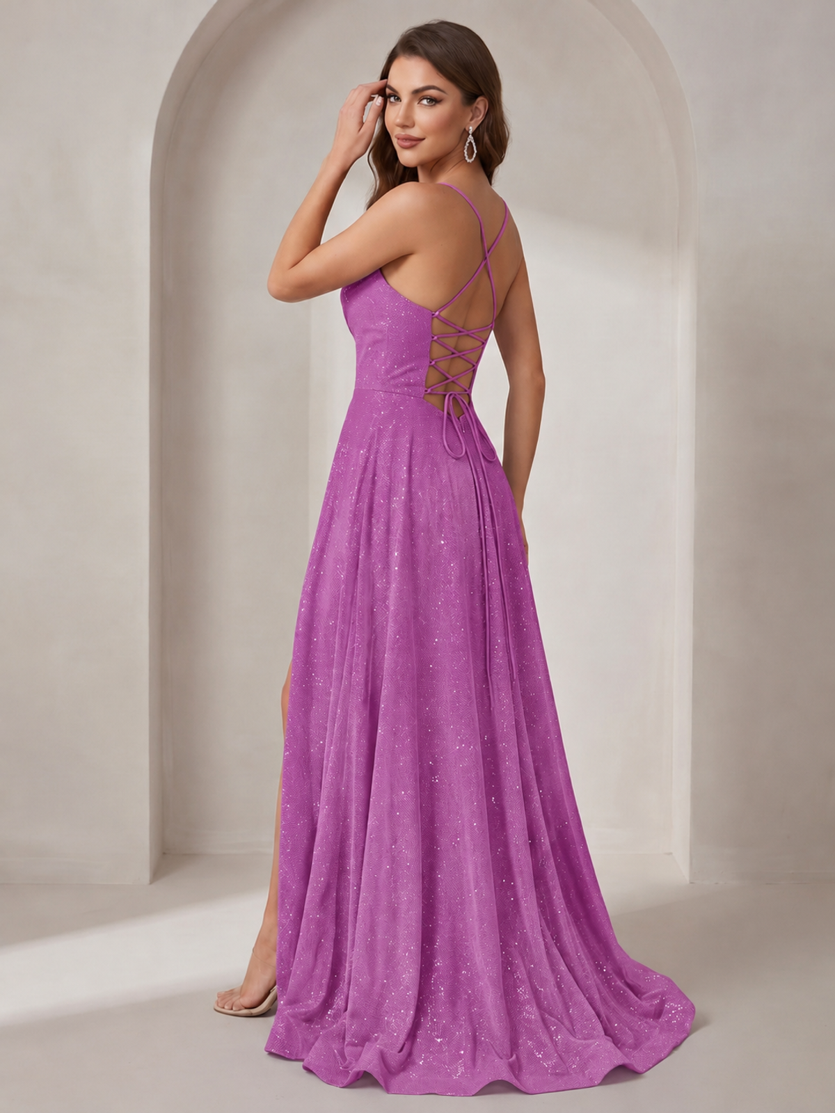 Sparkly Cowl Neck Corset Long Prom Dress with Slit A-line Tulle Ball Gown