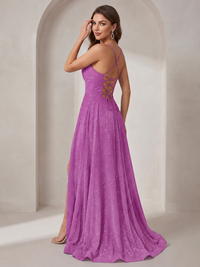 Sparkly Cowl Neck Corset Long Prom Dress with Slit A-line Tulle Ball Gown