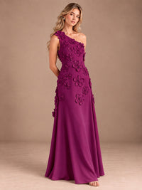 Sage Green One Shoulder Satin Formal Maxi Dress with 3D Floral