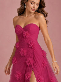 3D Floral Applique Strapless Tulle Prom Dress with High Slit