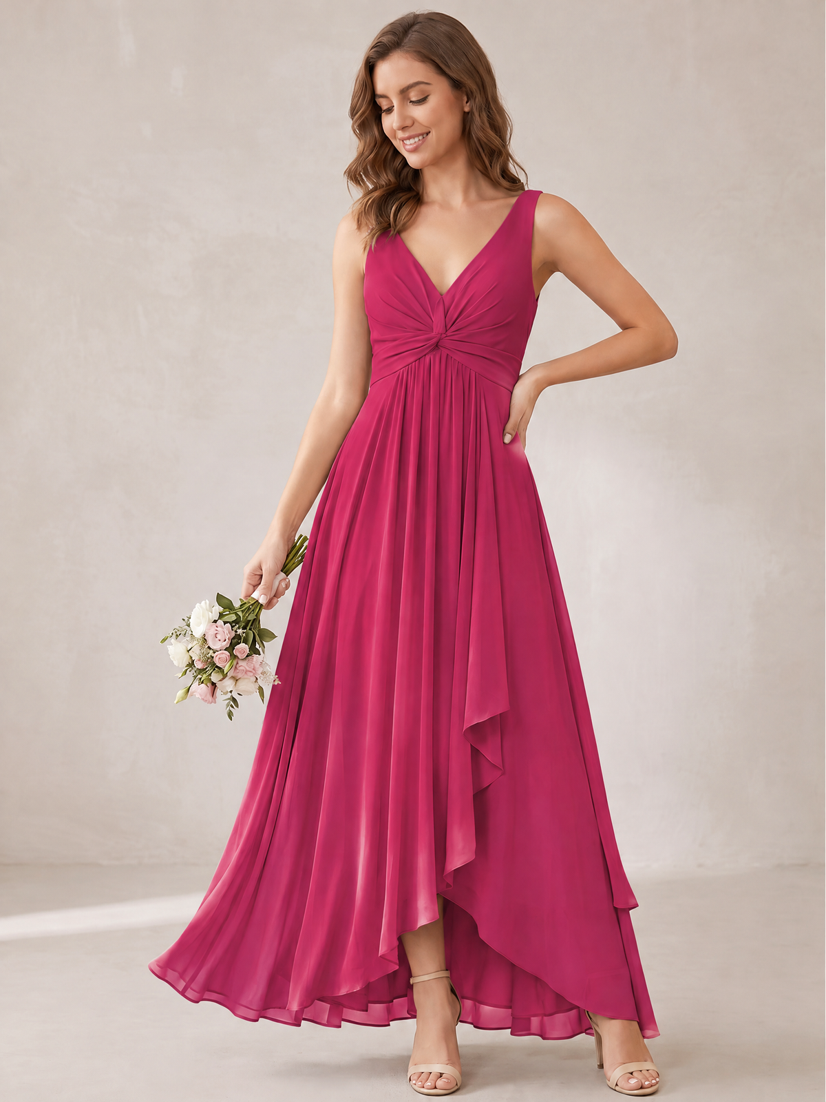 V-Neck High-Low Chiffon Bridesmaid Dress with Ruffles