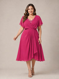 Navy Blue A-Line V-Neck Tea-Length Mother of the Bride Dress