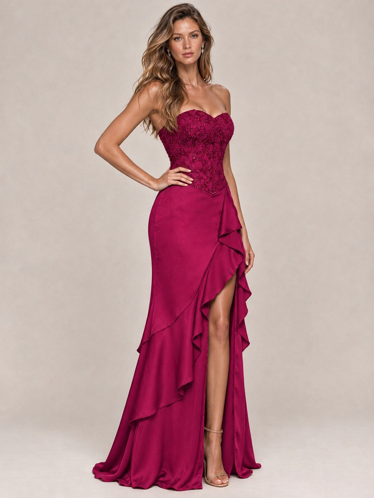 Strapless Lace Appliques Corset Satin Prom Dress Ruffle Slit Evening Gown
