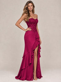 Strapless Lace Appliques Corset Satin Prom Dress Ruffle Slit Evening Gown