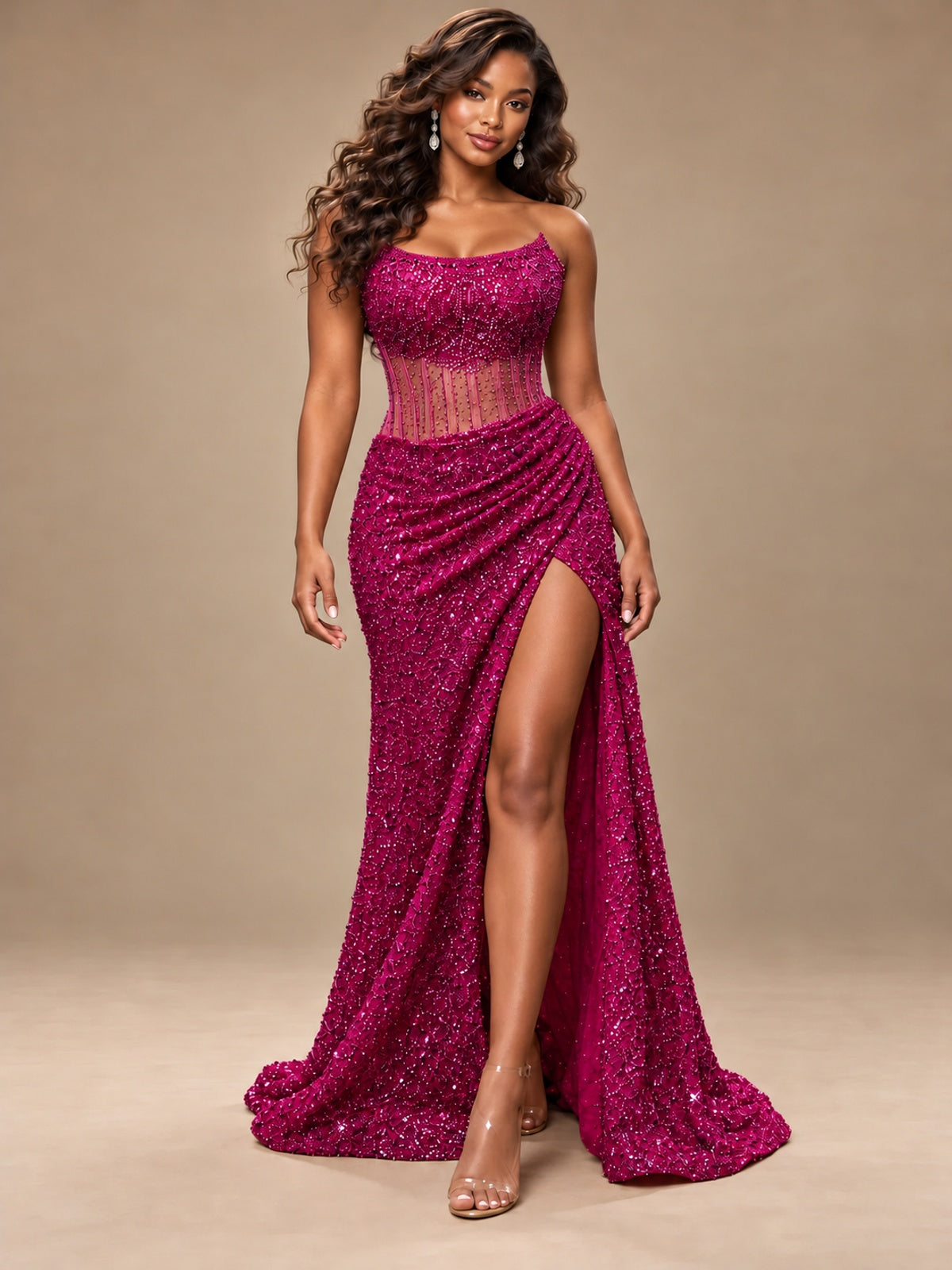 Gold Sequin Strapless Corset Prom Dress with High Slit