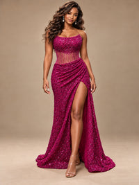 Gold Sequin Strapless Corset Prom Dress with High Slit
