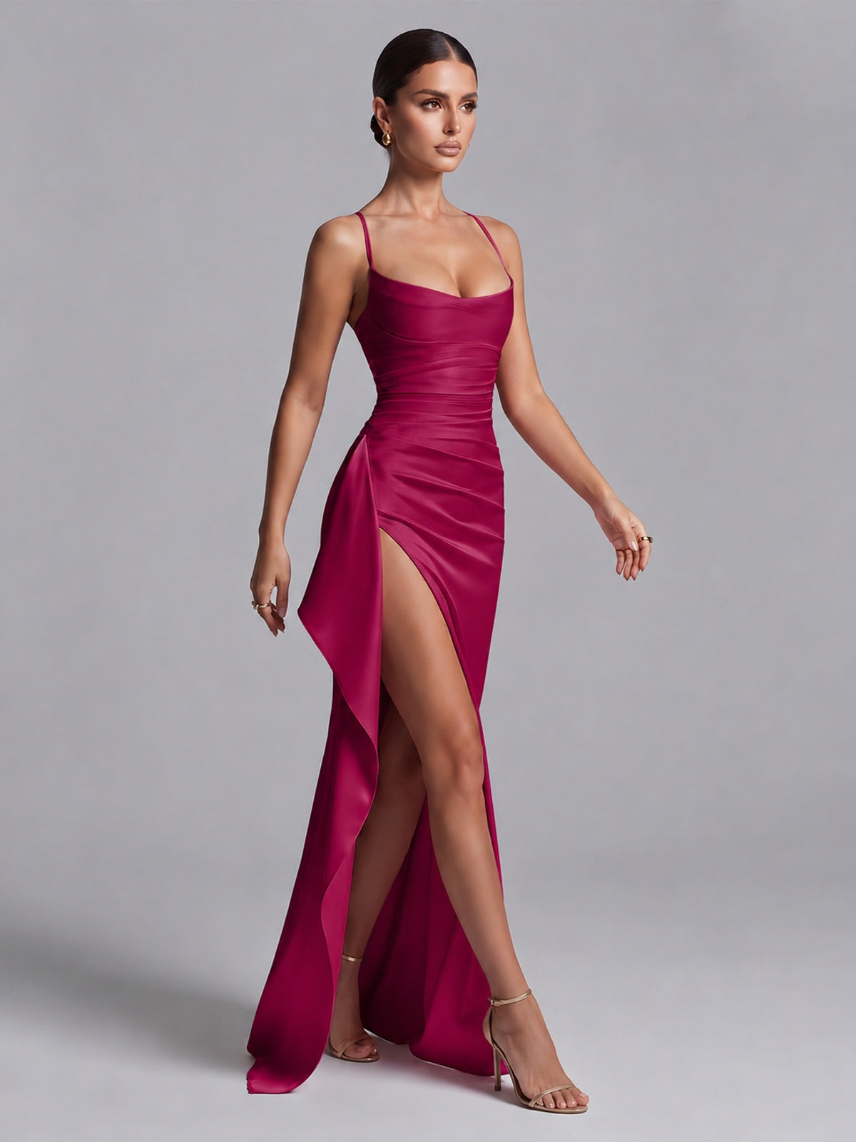 Square Neck Satin Long Prom Dress with Ruffles