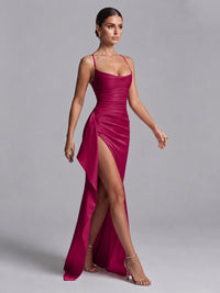 Square Neck Satin Long Prom Dress with Ruffles