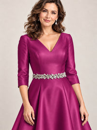 V-Neck Tea-Length Mother of the Bride Dress with Embellished Waist